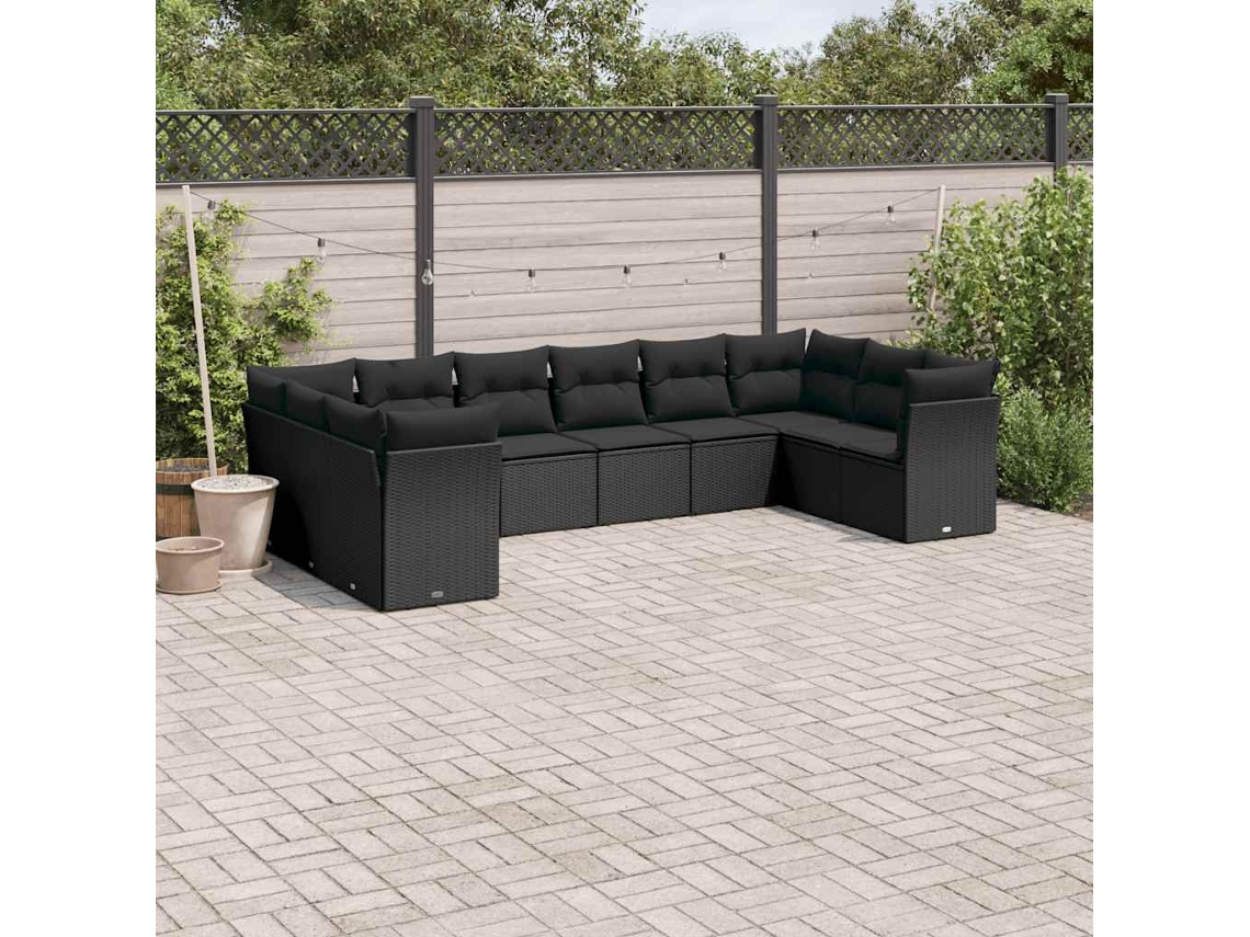 Vidaxl 10 Pcs Conjunto Sofás De Jardim C/ Almofadões Vime Pe Preto