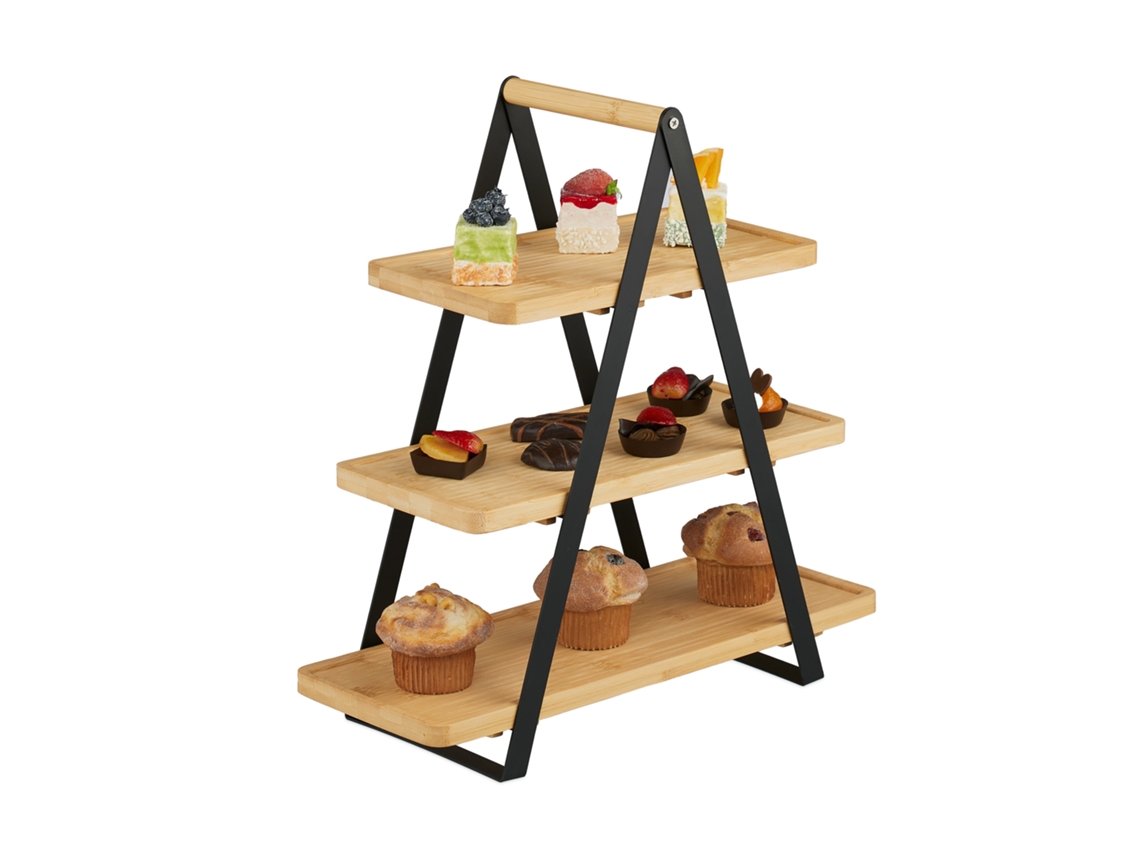Relaxdays Etagere, 3 Andares, Bambu, Metal, Longa, Alça, Doces, Hbt 42x41x16,5 Cm, Suporte Para Servir, Natural/preto