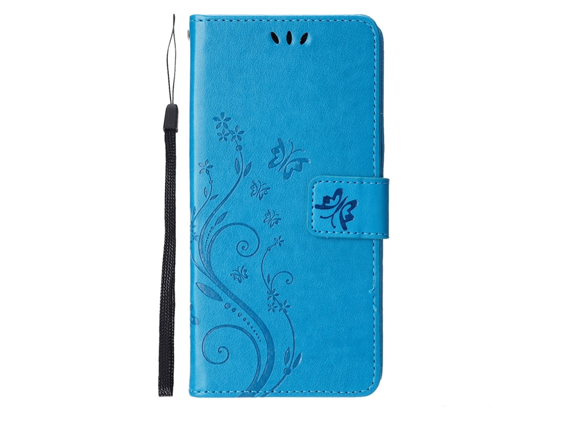 Capa Para Iphone 17 Azul Borboleta Em Couro Com Aba E Borboleta Em Relevo