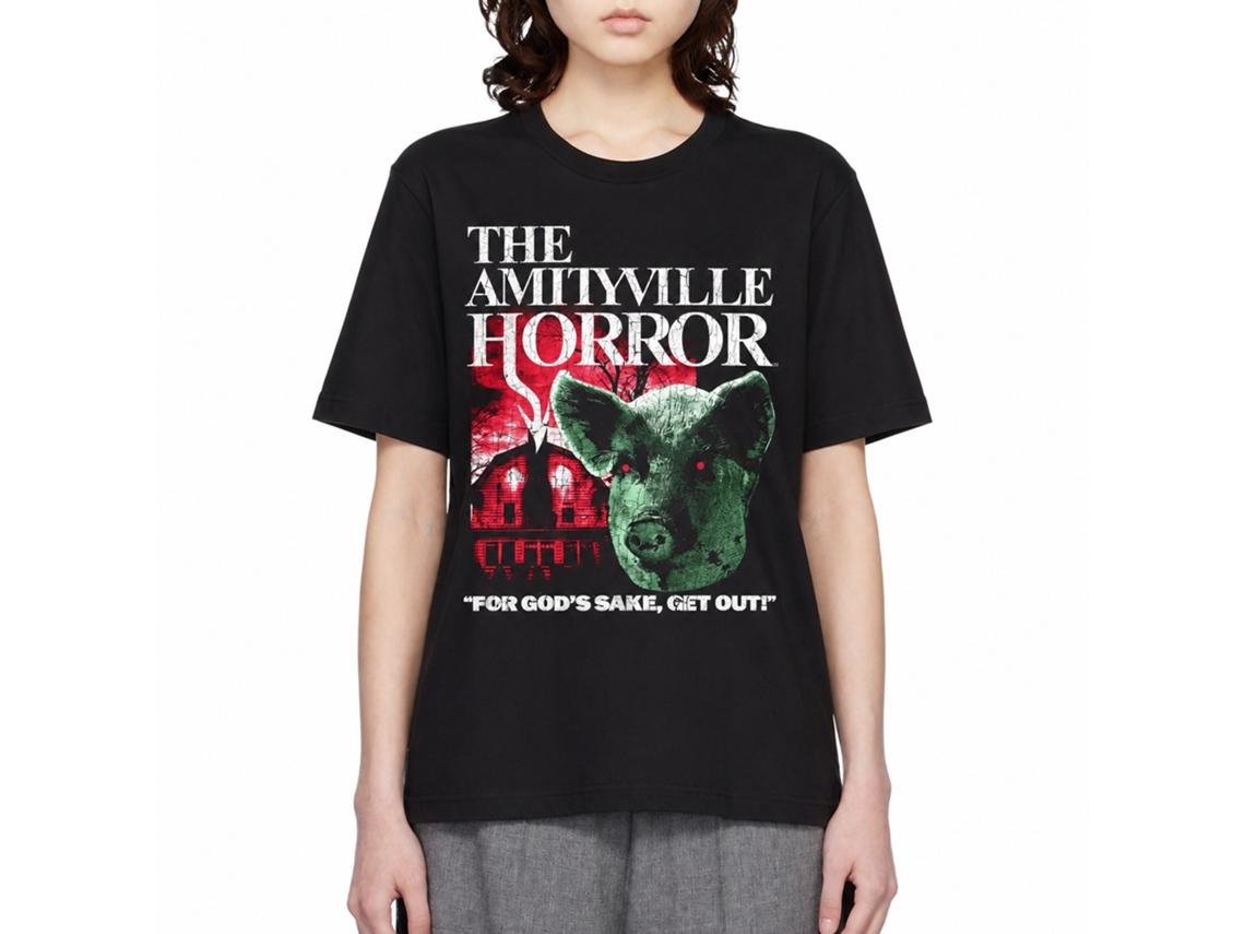 Rockinstone Amityville Horror Movie Pig And House Black Adult T-shirt Size:m