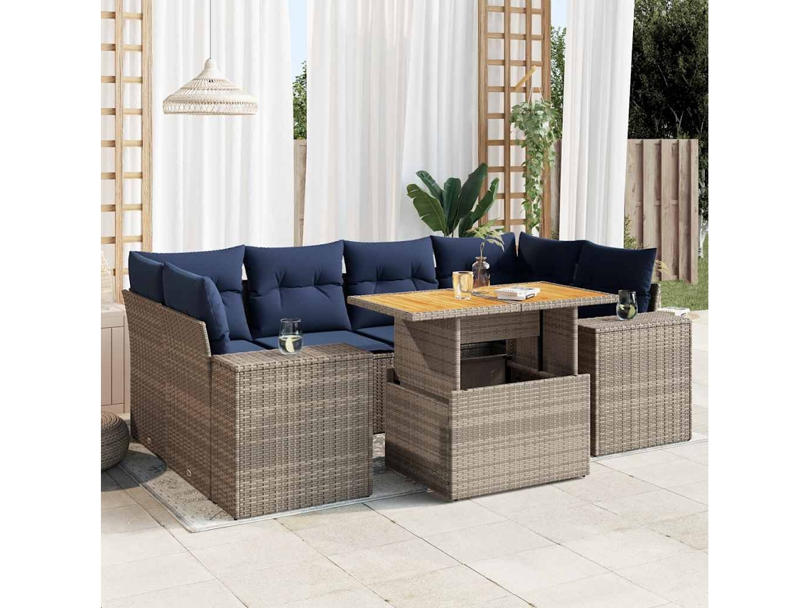 Vidaxl 7 Pcs Conjunto Sofás P/ Jardim C/ Almofadões Vime Pe Cinzento