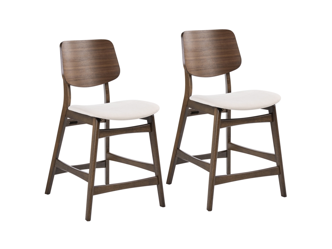 Conjunto De 2 Bancos De Bar Beliani Mayer De Madeira De Seringueira Branco-creme/castanho 54x62x96
