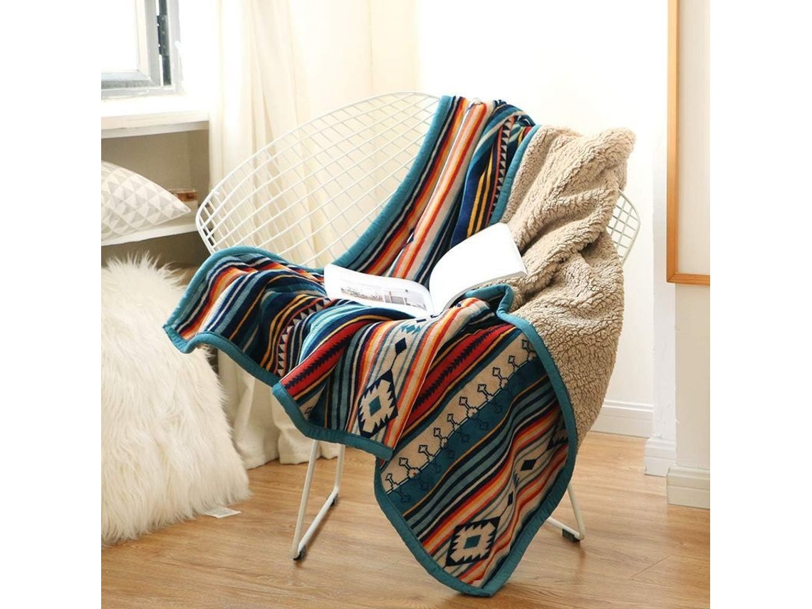 Manta De Lana Suave Reversible Sherpa Flannel Para Sofá 127x152 Cm Rayas Azul E Laranja Quente E Confortável