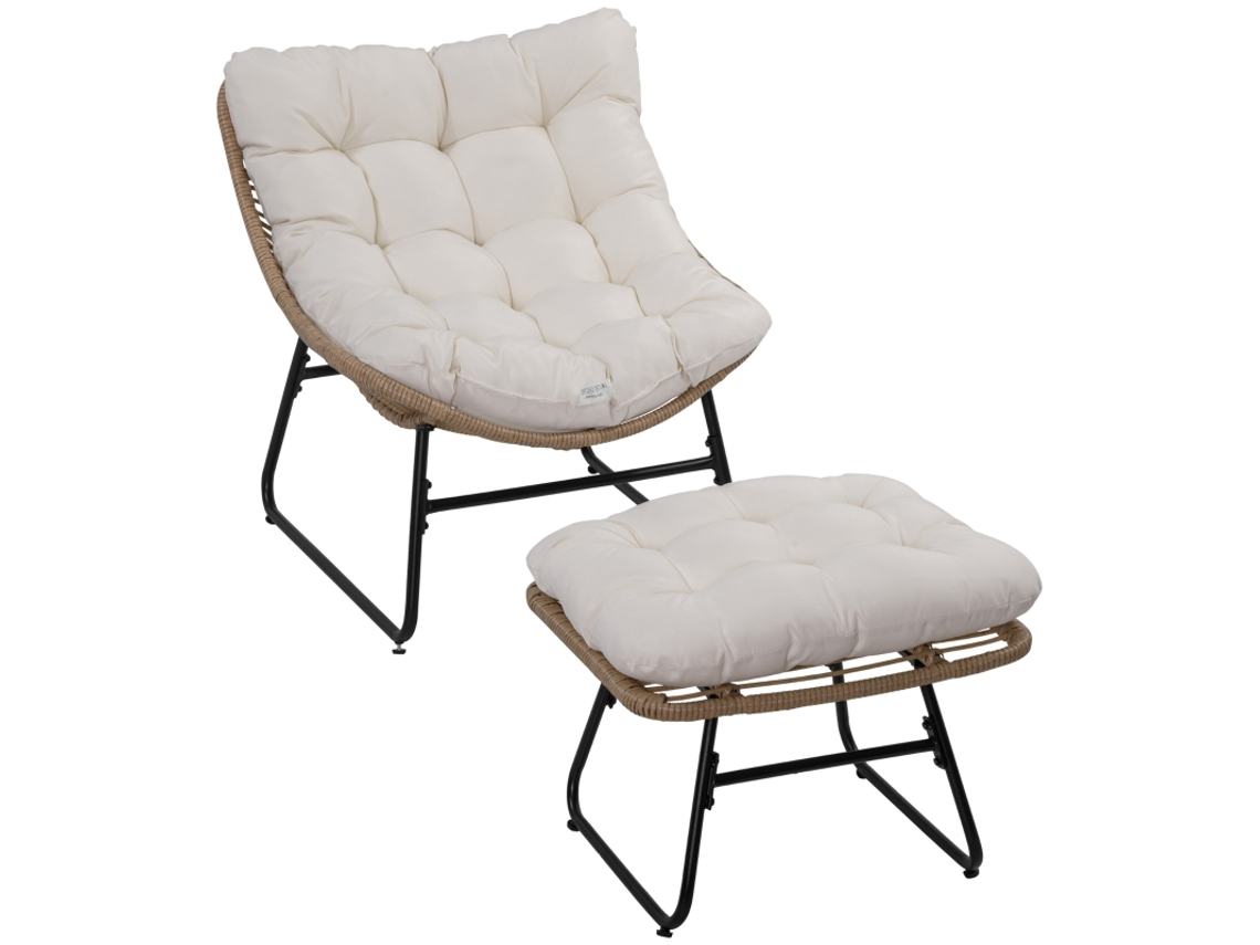 Cadeira De Jardim Com Apoio Para Os Pés Em Metal Epóxi E Resina Trançada Rattan Com Almofadas Confortáveis - Cor Natural