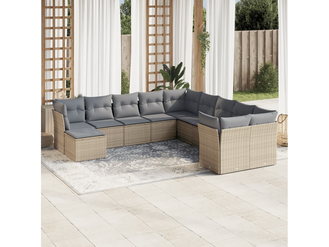 11 Pcs Conjunto Sofás De Jardim C/ Almofadões Vime Pe Bege Dkd Home Decor