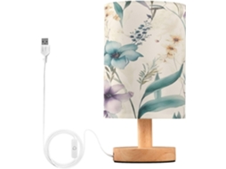 Abajur De Cabeceira Led Com Estampa Prado Florido, Ideal Para Quarto, Leitura Com Cúpula De Tecido, Base De Madeira E