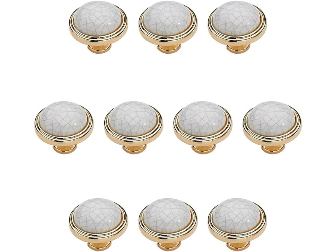 Conjunto De 12 Puxadores Redondos Cerâmica Para Portas Armários E Gavetas, Com Acabamento Dourado Puxadores De Liga