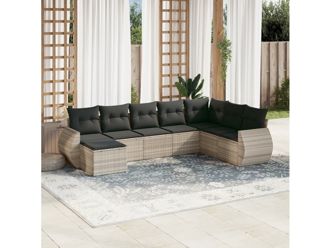 Vidaxl 8 Pcs Conj. Sofás Jardim C/ Almofadões Vime Pe Cinzento-claro