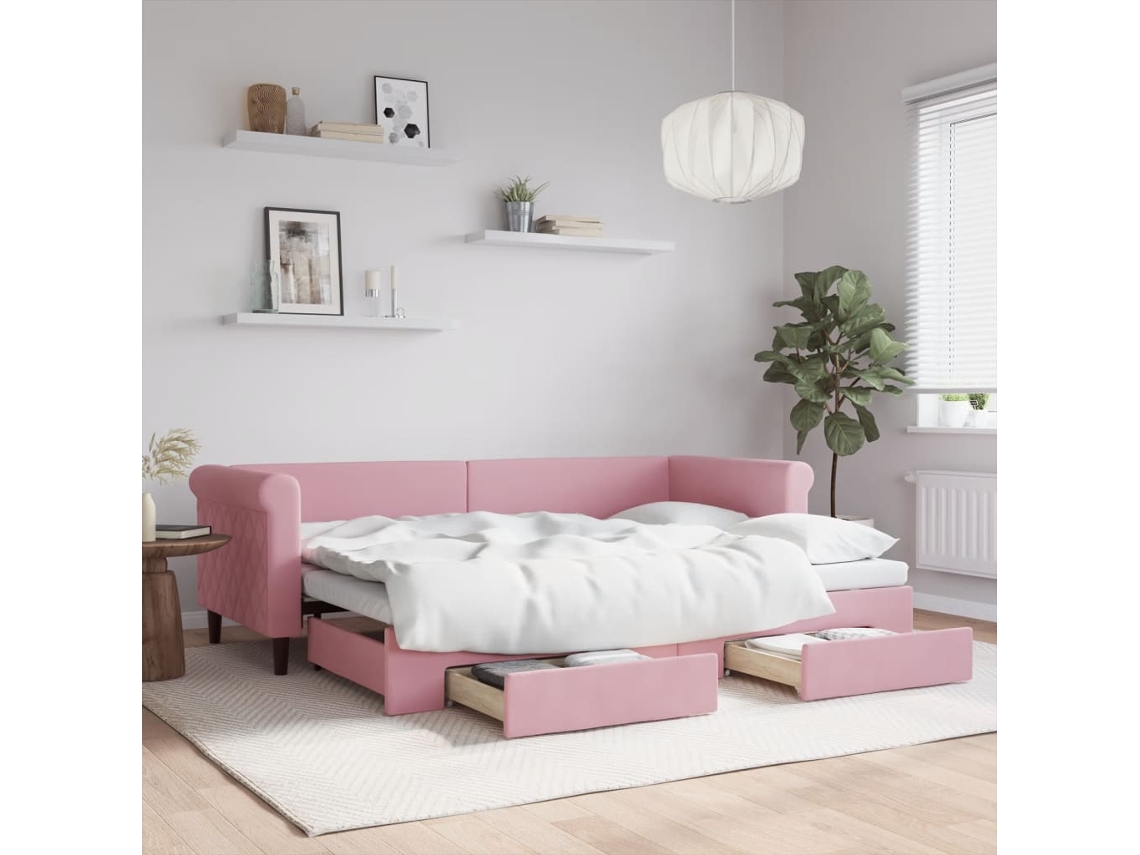 Sofá Cama Com Gavetão E Gavetas 80x200 Cm Veludo Rosa Lovely Home