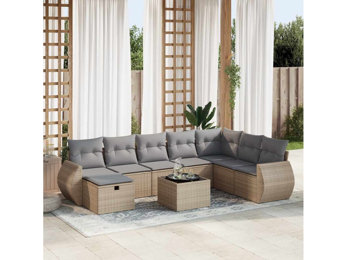 Vidaxl 9 Pcs Conjunto De Sofás P/ Jardim Com Almofadões Vime Pe Bege
