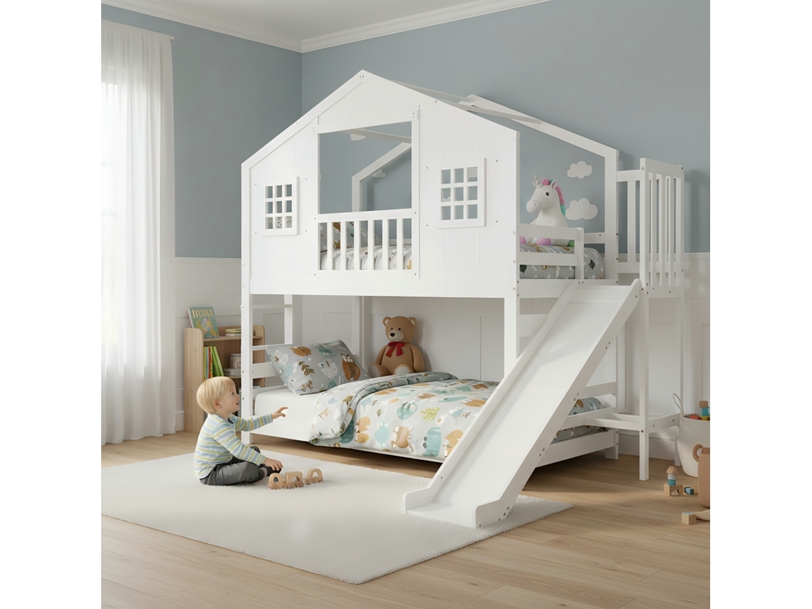 Cama De Andar Infantil 90x200cm Branco Com Escorregador Janela Telhado Estável