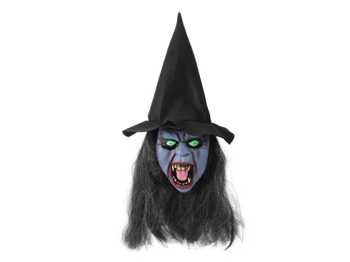 Mulher bruxa de cabelo longo com chapéu e máscara para Halloween LAXISCREED