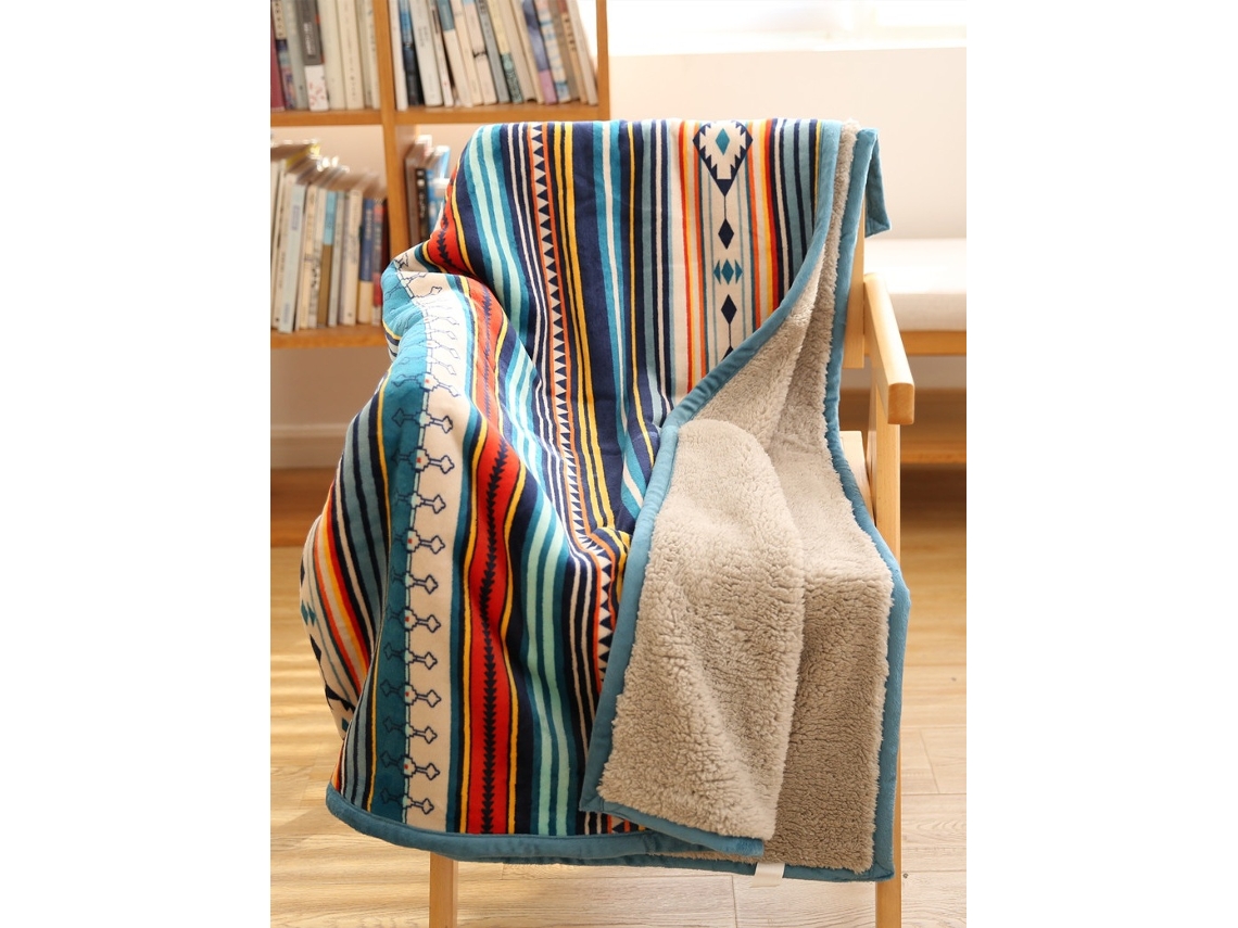 Manta De Lã 130x150 Cm, Manta De Flanela Grossa Macia E Confortável, Cobertores E Mantas Azuis Reversíveis, Manta De Sofá Sherpa Listrada Macia E Ac