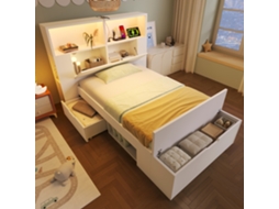 Cama De Madeira 90x200cm Branca Crianças Armazenamento Led Usb