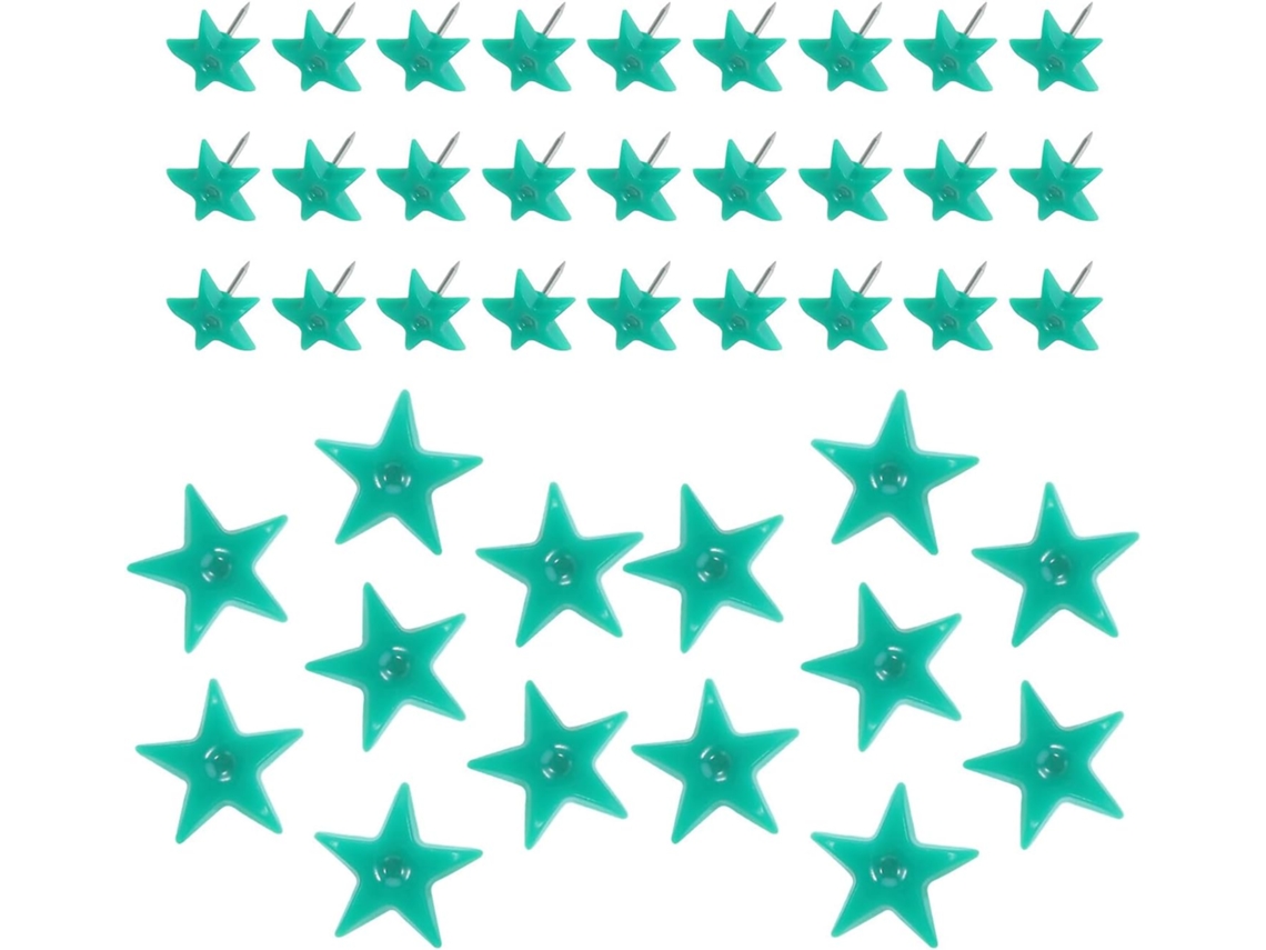 Conjunto de 50 tachininhas em formato de estrela de cinco pontas, em plástico e metal, na cor verde, ideais para mesa e decoração.