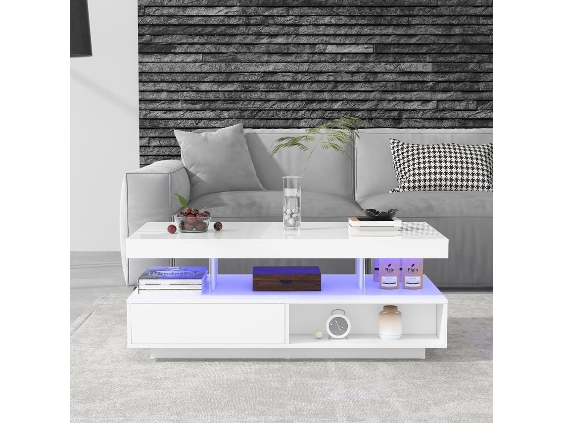 Mesa De Centro Com Led - Gaveta Aberta E Compartimentos - Branco
