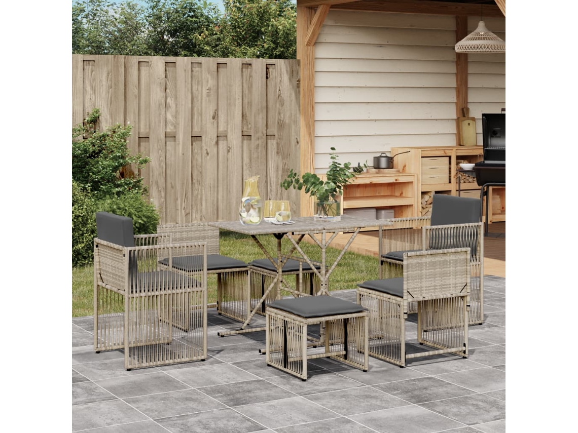Vidaxl 7 Pcs Conj. Jantar P/ Jardim C/ Almofadões Vime Pe Cinza-claro