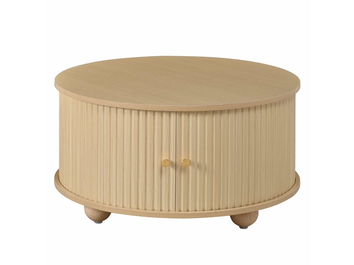 Mesa De Centro Redonda Com Relevo Vertical, 2 Portas De Correr, Mdf E 4 Compartimentos Natural