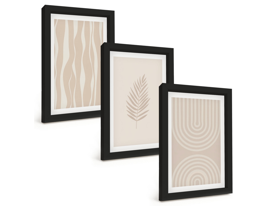 Composição De Quadros Padrões De Plantas Em Bege Espelharte (3 Peças 20x30 Cm)
