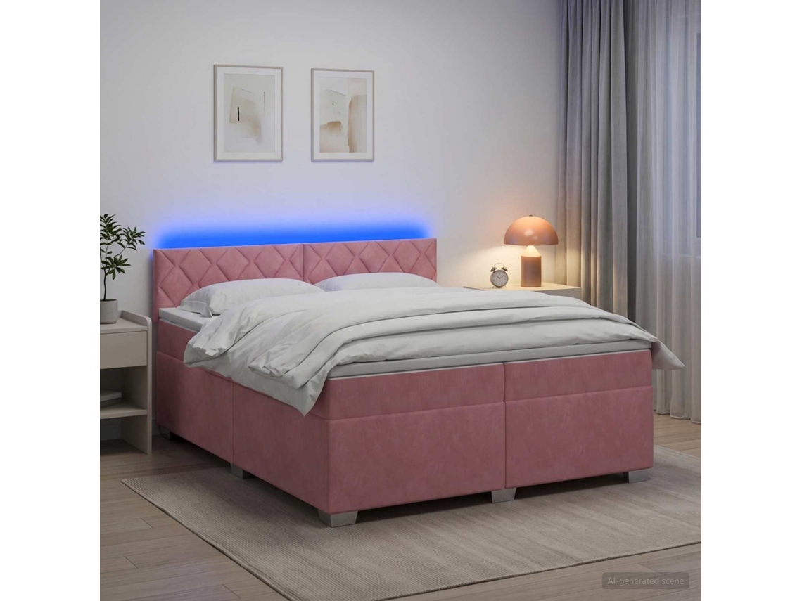 Vidaxl Cama Box Spring Com Colchão E Led Rosa 200 X 200 Cm Veludo