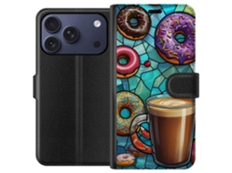 Capa Carteira Compatível Com Apple Iphone 17 Pro. Estampa Colorida De Donuts Com Granulado E Xícara De Café, Perfeita Para Quem Ama Café E Tem Um Desi