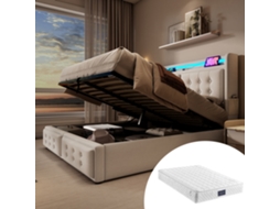 Cama Estofada 140x200 Bege Com Led Usb E Colchão