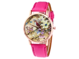 Relógio de pulso de quartzo com pulseira de PU, estampa de flores e pássaros, Zhoulianfa vermelho e rosa.