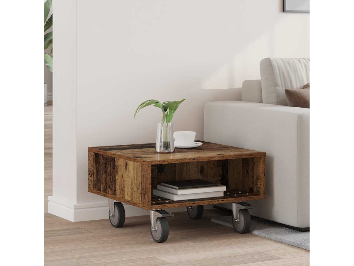 Vidaxl Mesa Lateral Com Rodas Madeira Antiga 50,5 X 50 X 30 Cm