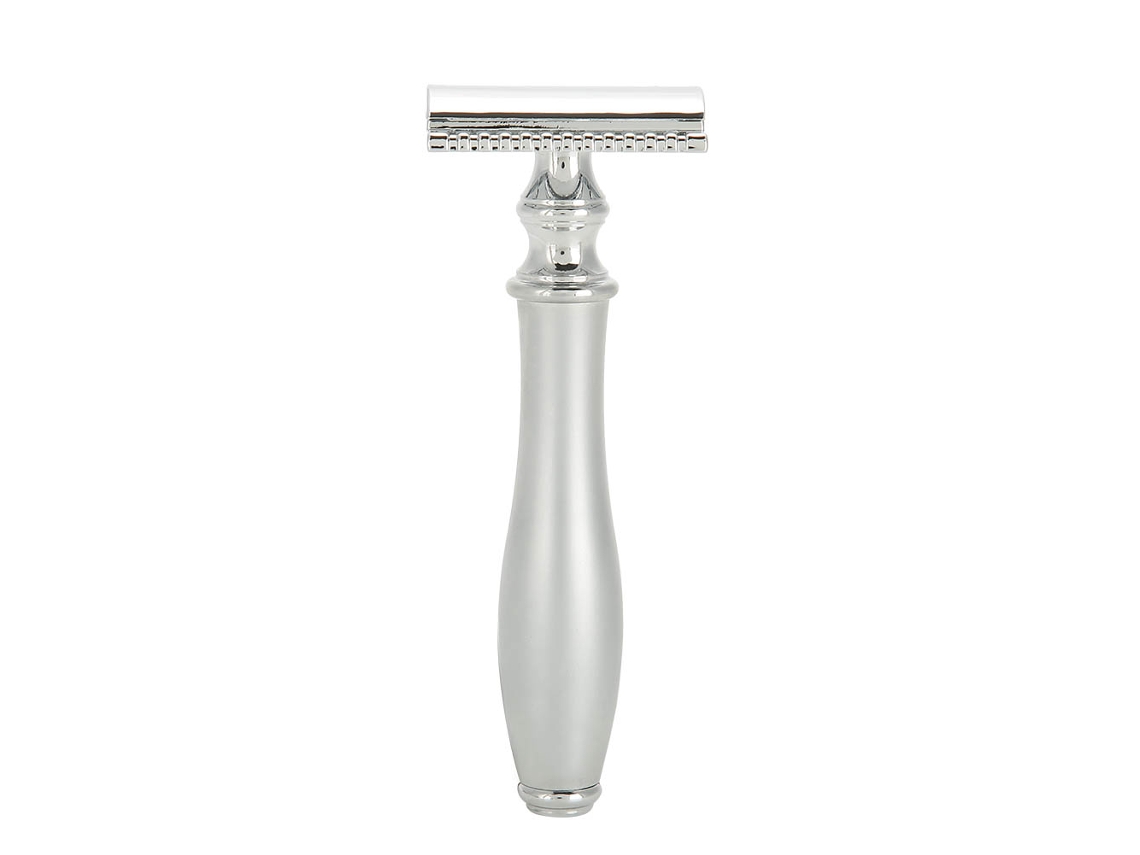 Aparelho de barbear manual de lâmina dupla em aço inoxidável para homens, clássico e seguro.