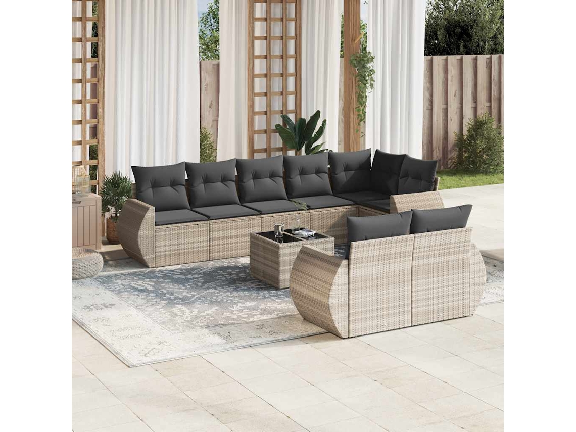 Vidaxl 9 Pcs Conj. Sofás Jardim Com Almofadões Vime Pe Cinzento-claro