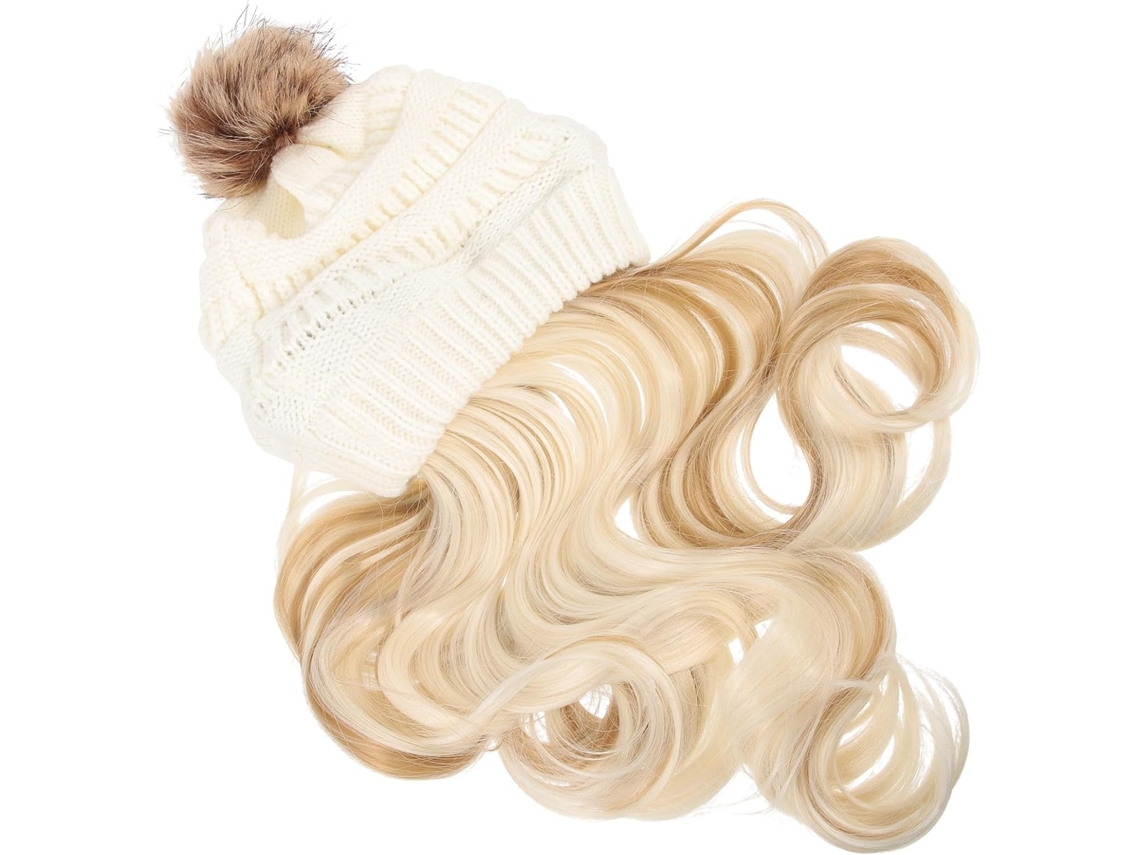 Touca De Tricô Branca Ciieeo Com Aplique De Cabelo Longo Ondulado Dourado, Design Removível.