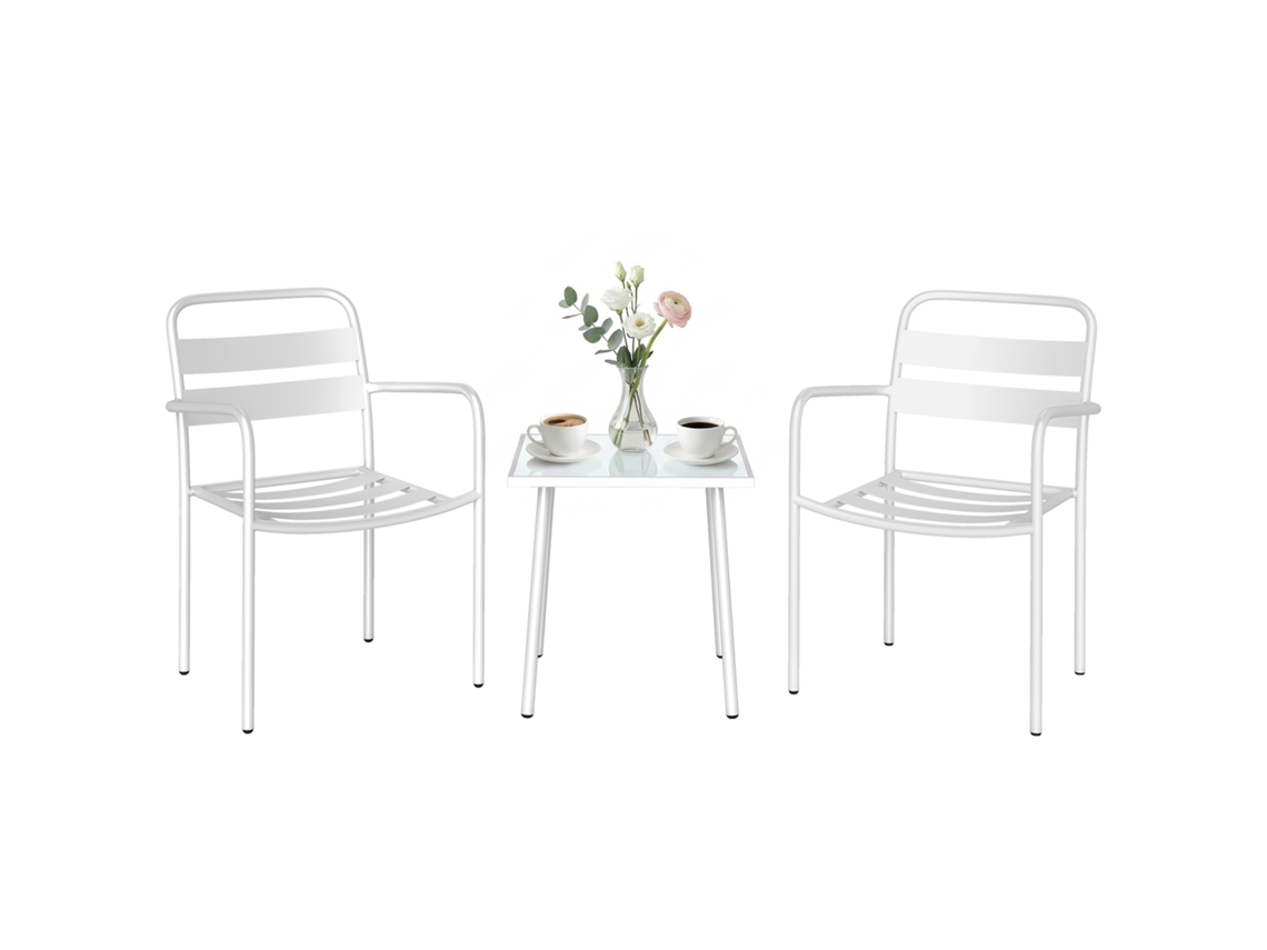 Conjunto Bistrô Jardim 3 Peças Metal Com Mesa De Vidro