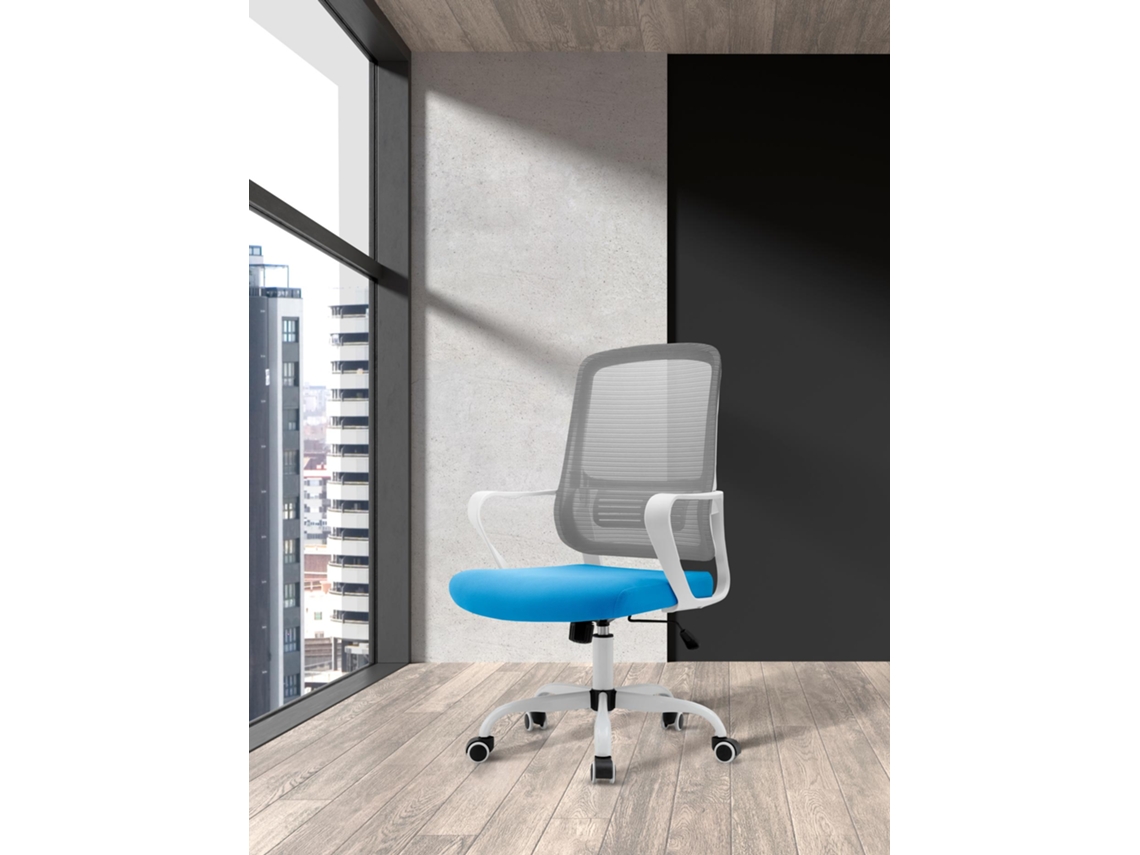 Cadeira de Estudo HISPANOHOGAR Noah Tecido Azul e Rede Cinzento com Rodas 99-109X59X56 Cm