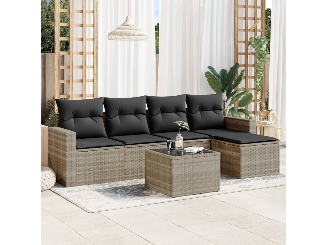 Vidaxl 6 Pcs Conj. Sofás Jardim Com Almofadões Vime Pe Cinzento-claro