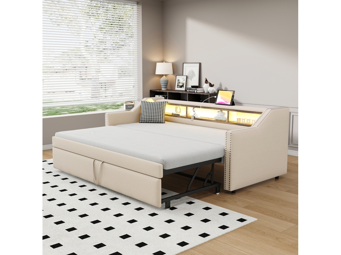 Sofá-cama Estofado 90/180x190cm, Multifuncional, Compartimento, Led, Usb, Com Ripas, Bege