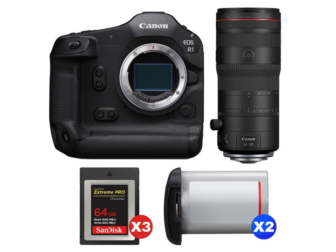 Eos R1 + Rf 24 105mm F/2.8 L Is Usm Z + 3 Sandisk 64gb Extreme Pro Cfexpress Type B + 2 Canon Lp e19 + Ebook Pricedirect CANON