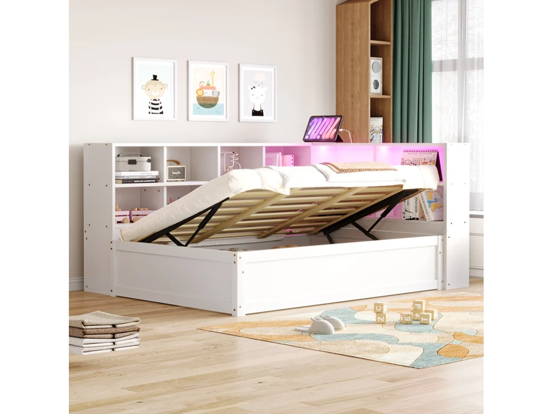 Sofá-cama 90x200 Hidráulico Com Tomada, Prateleiras E Iluminação Branco Madeira Maciça