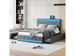 Cama Estofada 140x190 Cm com 4 Gavetas, Led e Usb, Cabeceira Ajustável, Linho Cinza BURSDANY