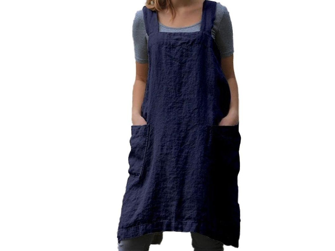 Delantal De Algodão E Linho Com Costas Cruzadas Para Mulheres Com Bolsos, Ideal Para Assar E Cozinhar L Azul
