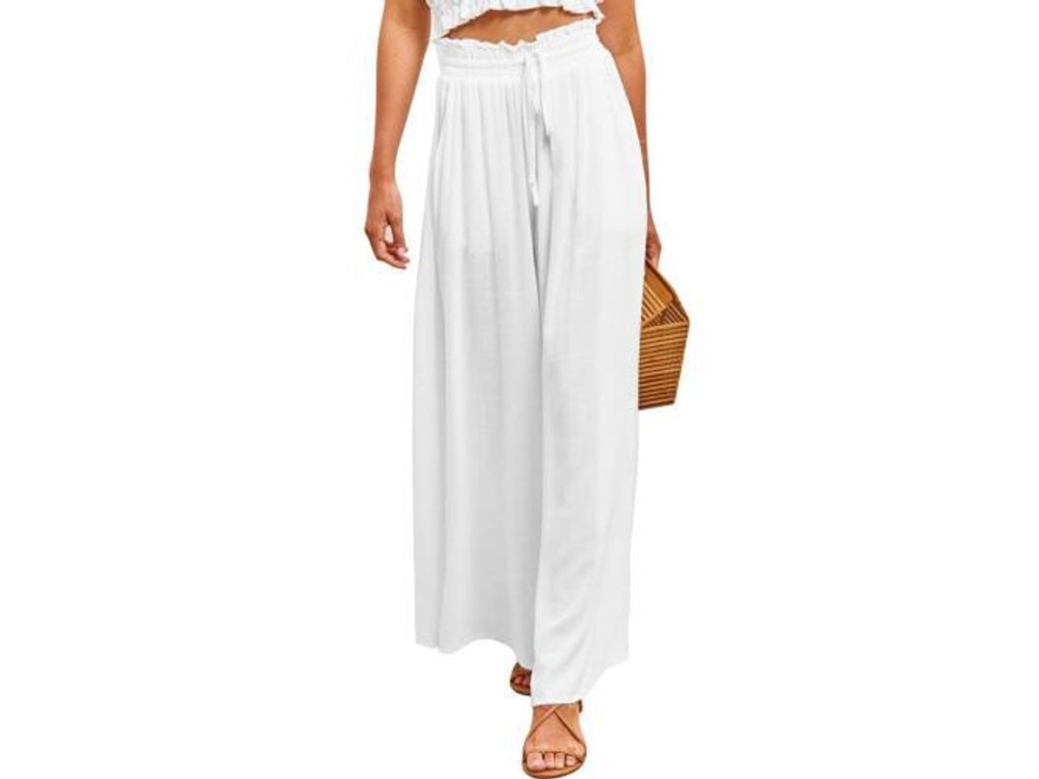 2026-pantalones Casuais Para Mulher Com Cintura Elástica E Perna Larga Com Bolsos L Blanco
