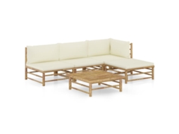 Conjunto Lounge 5 Peças P/ Jardim Em Bambu C/ Almofadões Branco Nata Dkd Home Decor