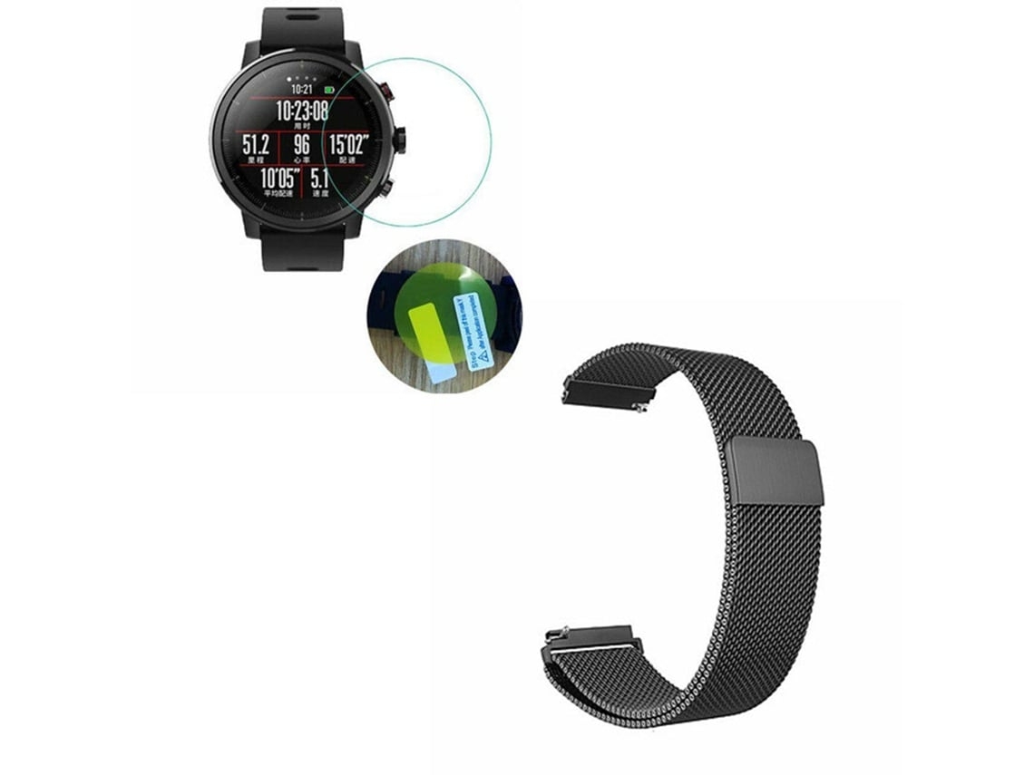 Kit Pulseira Bracelete Milanese Loop Fecho Magnético Película Protectora Ecrã Gel Full Cover Xiaomi Amazfit Pace 2 Preto