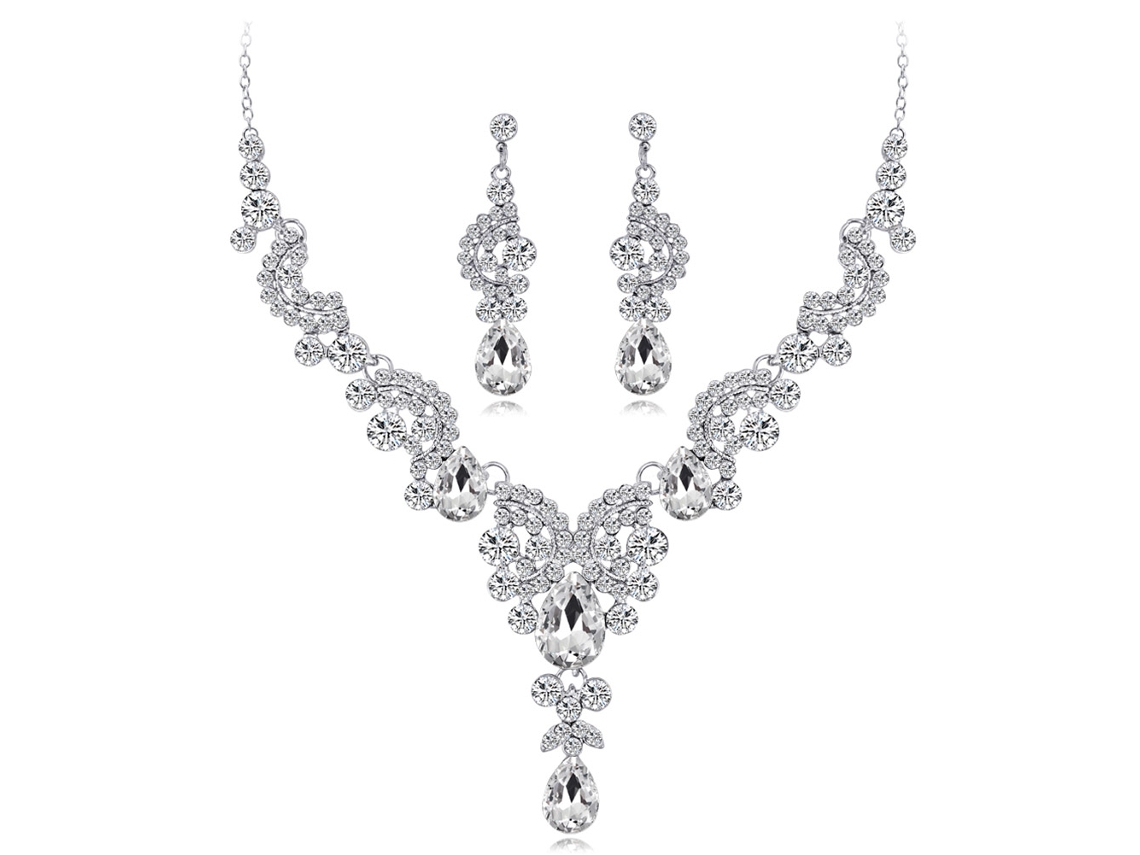 Conjunto Colar Brincos Pingentes Strass Brilhantes Brancos