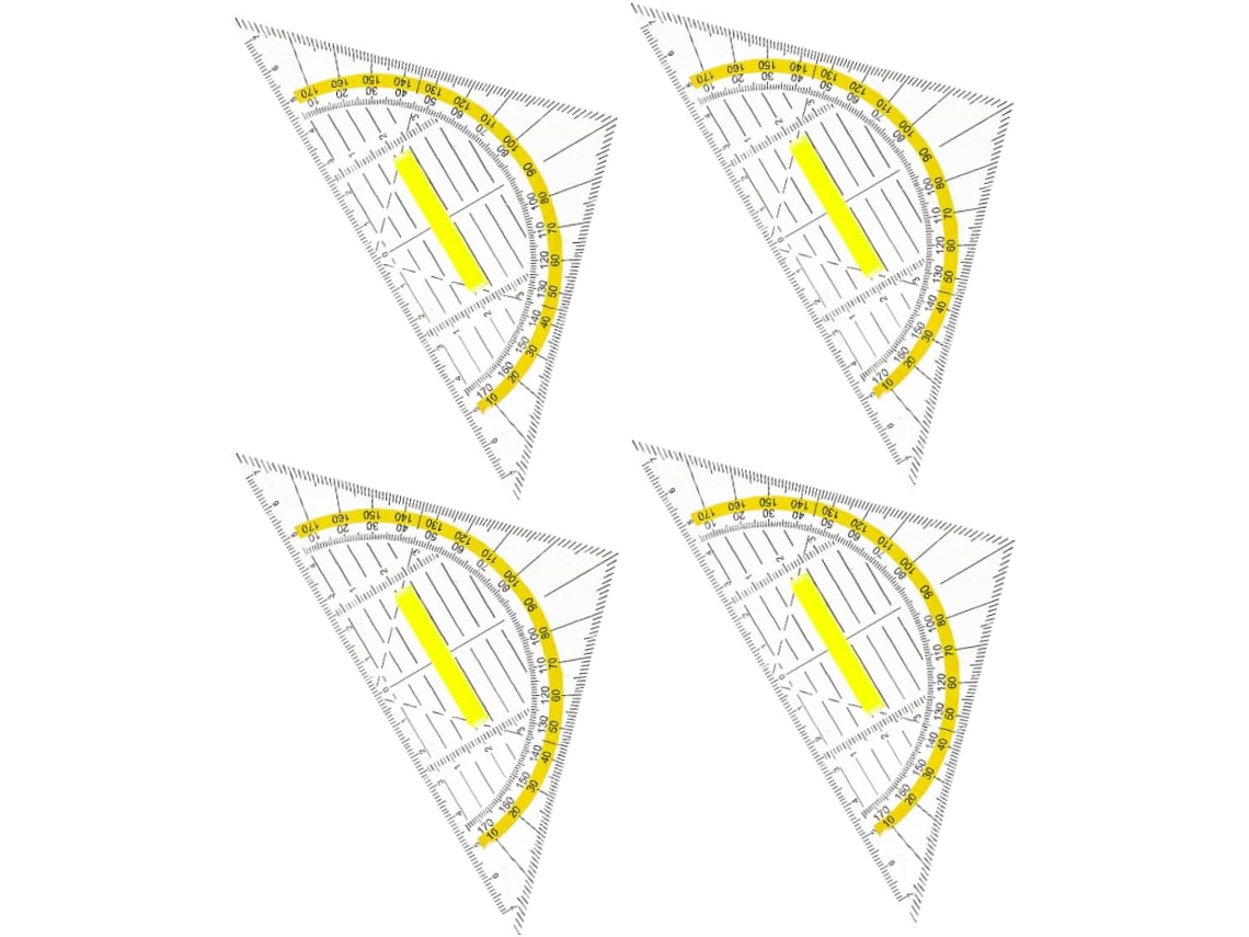 Kit de desenho triangular com 4 peças, cabo e escalas transparentes.