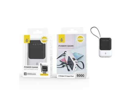 Powerbank 8 000 mAh com Cabo (Lightning + Tipo C + Micro - Branco)
