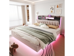 Cama 160x200 com Led Usb Cabeceira Arrumação Suspensa Linho Bege