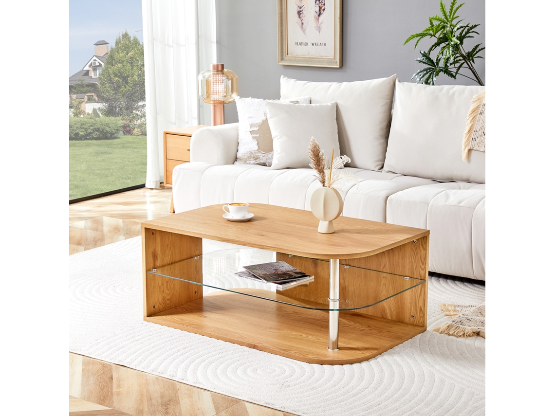 Mesa De Centro Moderna Com 100x60x42cm, Tampo De Madeira Natural E Prateleira De Vidro, Ideal Para Home Office E Espaços Pequenos.