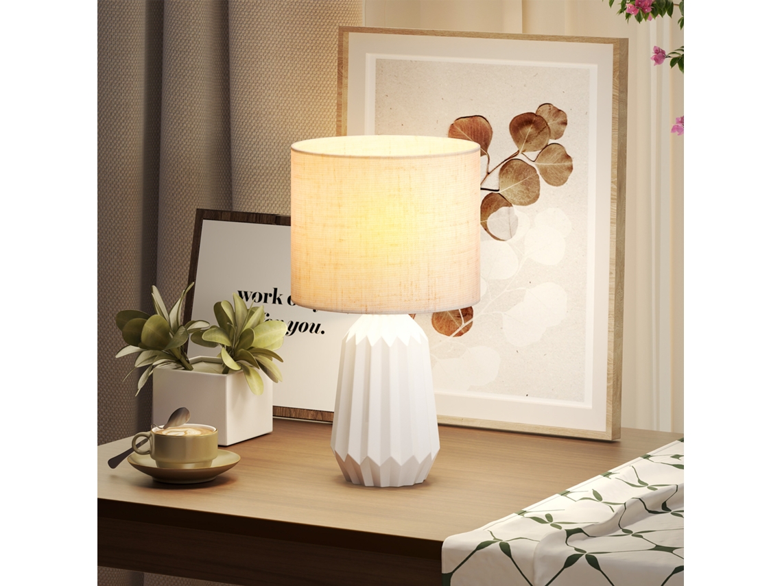 Abajur De Mesa Estilo Retrô Com Base De Cerâmica E Cúpula De Linho Para Quarto, 40w, Branco E Bege.