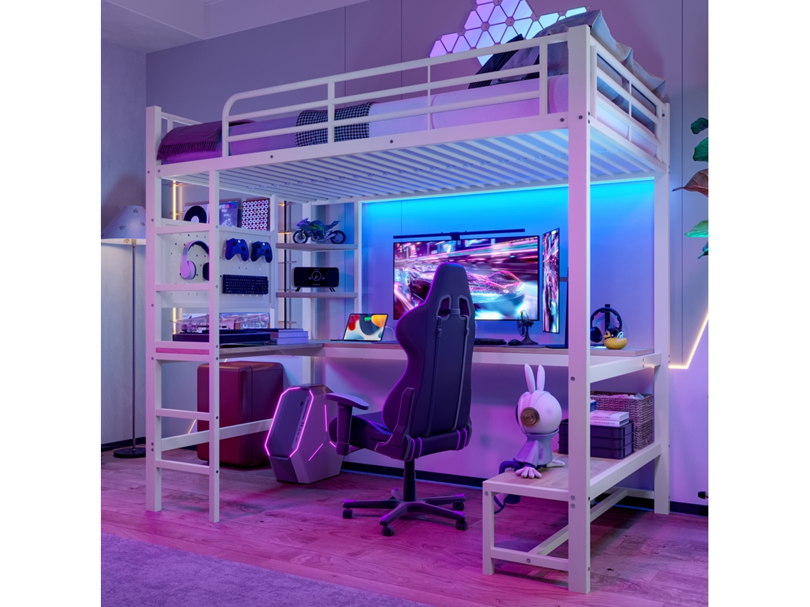 Cama Elevada 90×200 Cm, Escada, Tomada Usb+usb-c, Fita Led, Sem Colchão