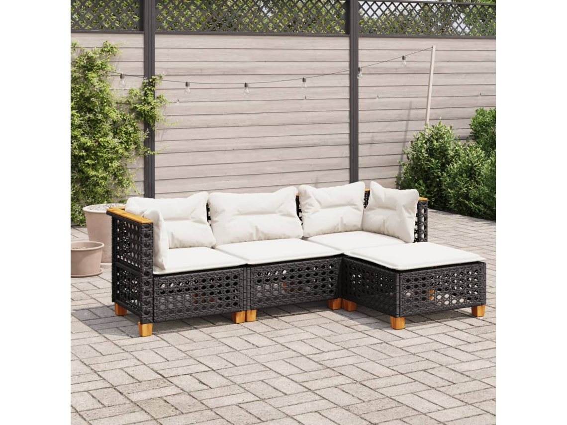 4 Pcs Conjunto De Sofá Para Jardim C/ Almofadões Vime Pe Preto Dkd Home Decor